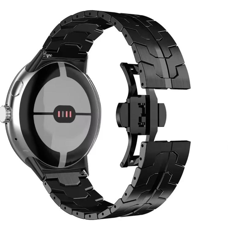 Black stainless steel watch band with segmented links and butterfly clasp
