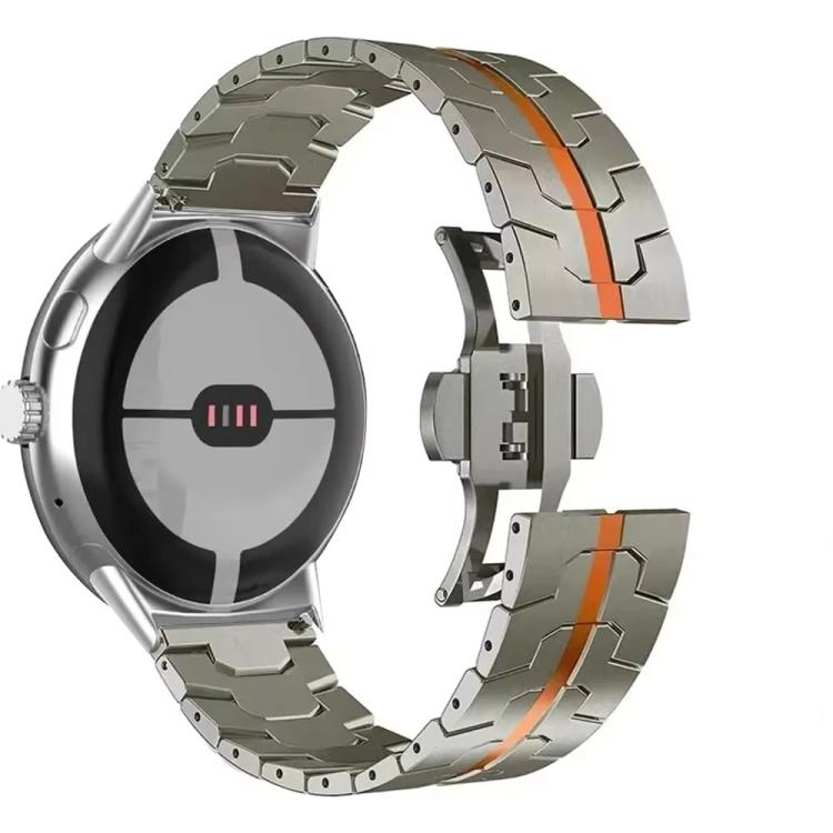 Titanium-tone stainless steel watch band with orange stripe and butterfly clasp