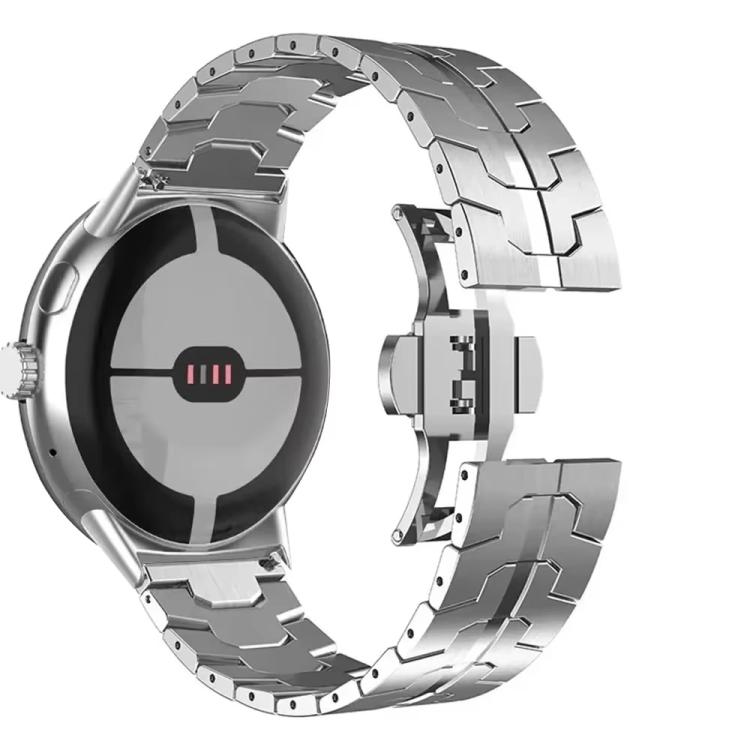 Silver stainless steel watch band with segmented links and butterfly clasp