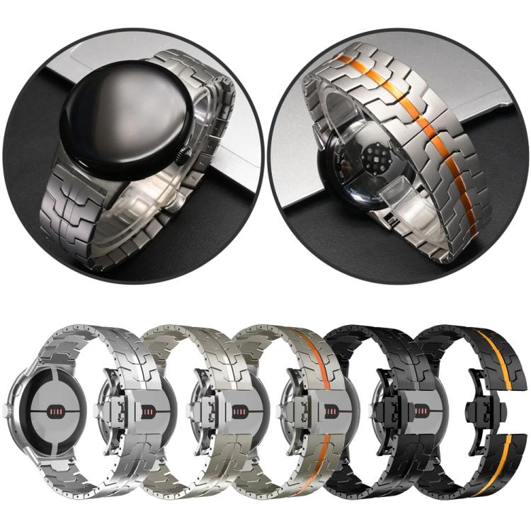 Stainless steel watch bands in silver, titanium, and black with orange stripe options