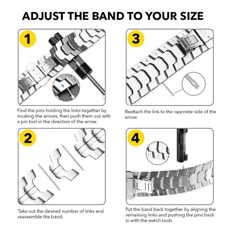 Silver stainless steel watch band with removable links for size adjustment