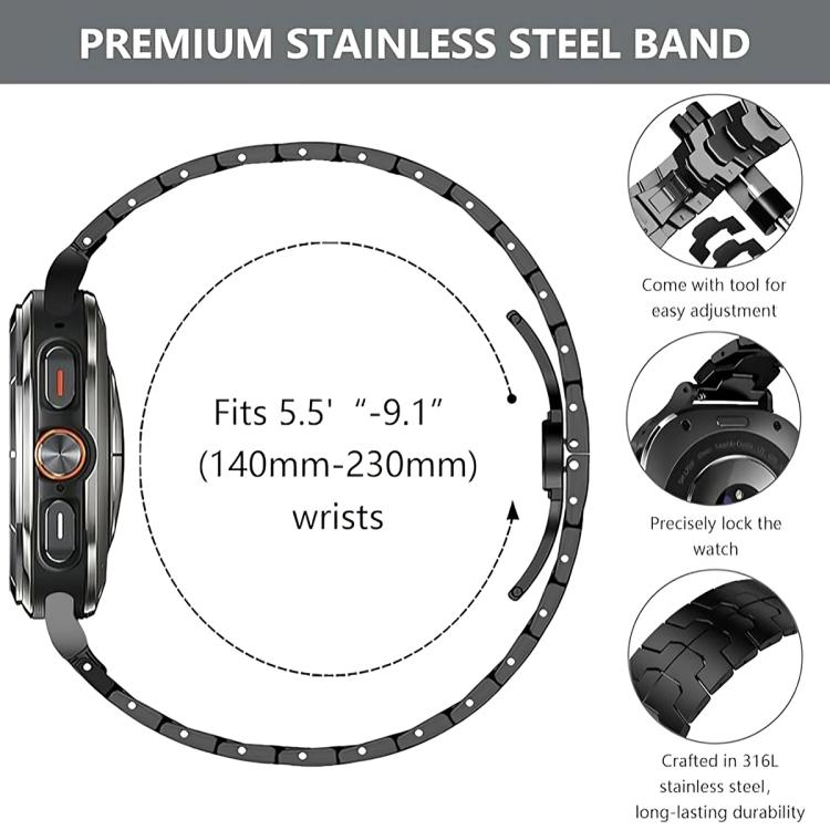 Black stainless steel watch band shown curved around a smartwatch