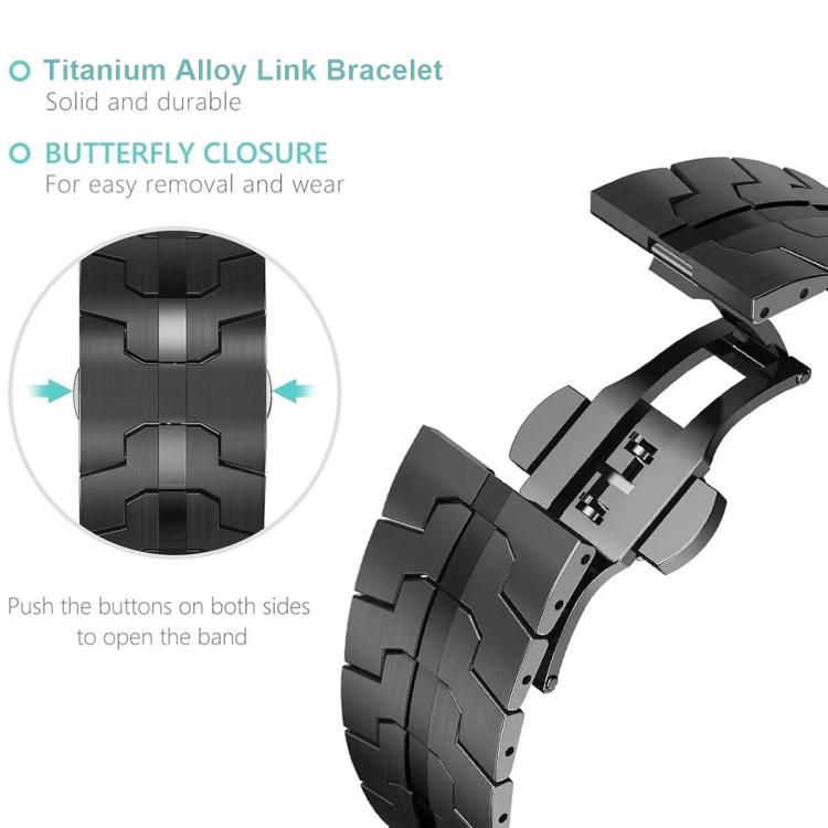 Black metal-link watch band with an open butterfly clasp.