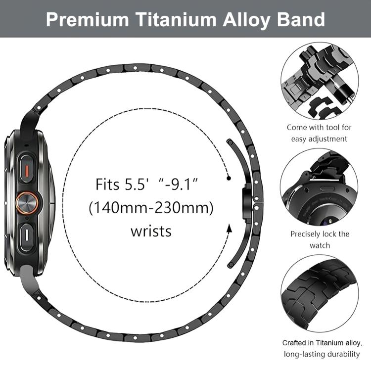 Black metal-link watch band shown around a smartwatch, with sizing details.