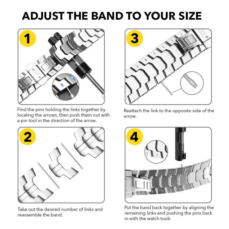 Metal-link watch band adjustment guide illustrating how to remove and reattach links.