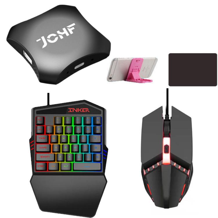 JCHF 3-in-1 adapter kit with phone holder, RGB keyboard, and gaming mouse