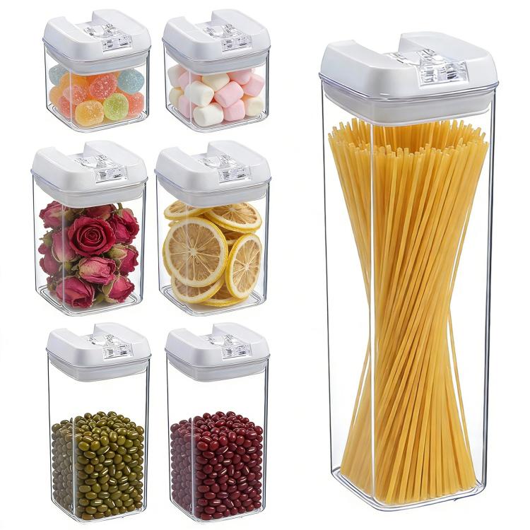 Food storage container set of 7 clear jars with white lids, filled with mixed foods