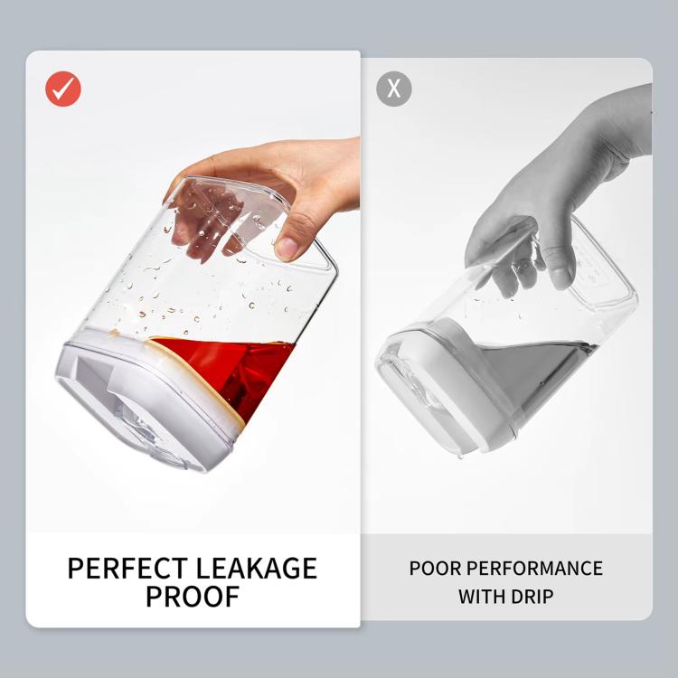 Food storage container with sealed lid, showing water-resistant pouring action