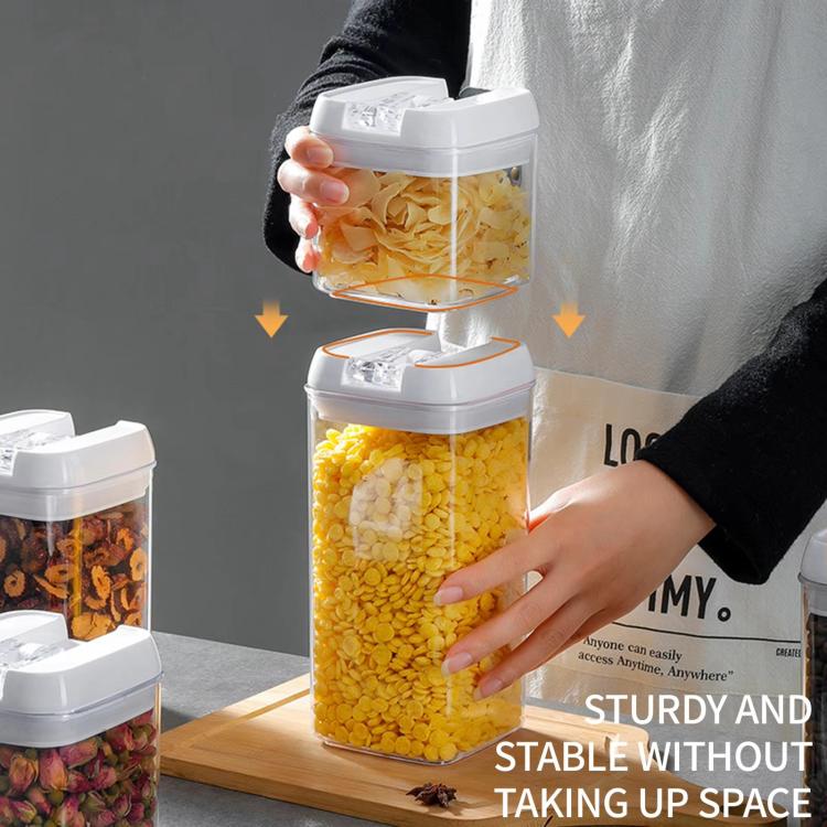 Food-grade moistureproof sealed storage containers stacked with locking white lids