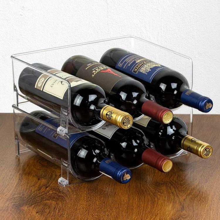 Clear PET wine bottle organizer rack with four curved bottle holders