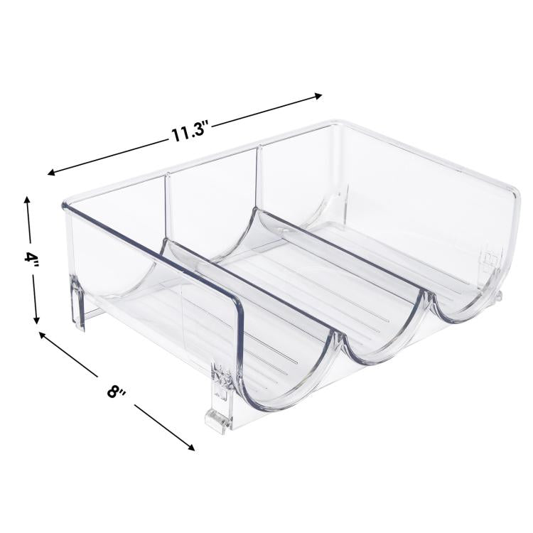 Clear PET bottle storage rack with curved slots and wall-mount pegs
