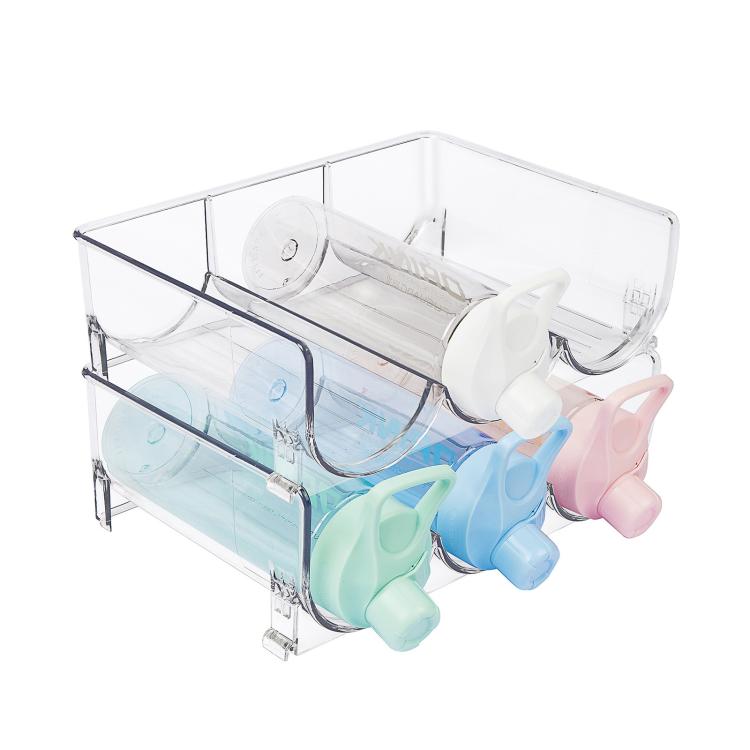 Clear PET bottle organizer rack with pastel dispenser caps and wine bottles