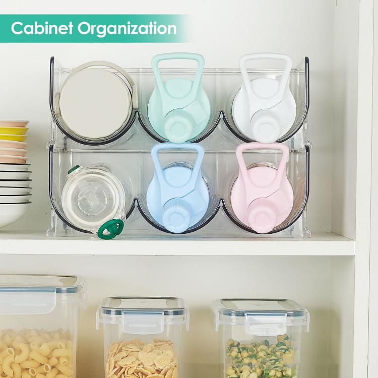 Clear PET cabinet organizer rack with six pastel hanging bottle dispensers