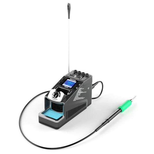 Portable precision soldering station with base unit and green tip soldering handle