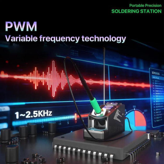 Portable precision soldering station with green-tipped iron and circuit board work area