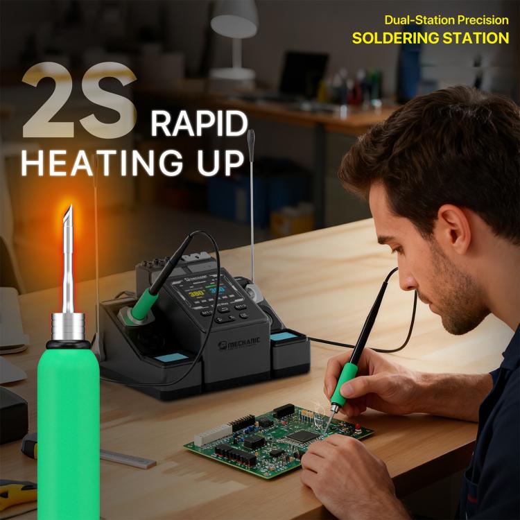 Hands soldering a circuit board using a dual-station soldering station with green irons