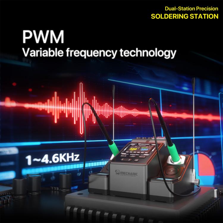 Dual-station soldering station with two green irons and PWM variable frequency display
