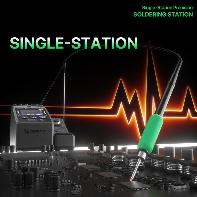 MECHANIC X200 Pro soldering station with green iron above electronic components