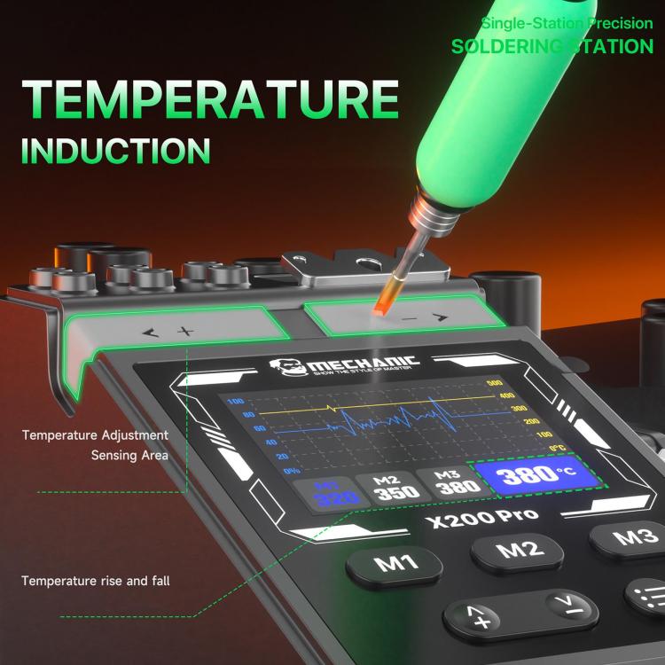 MECHANIC X200 Pro soldering station with green tip applying solder to PCB