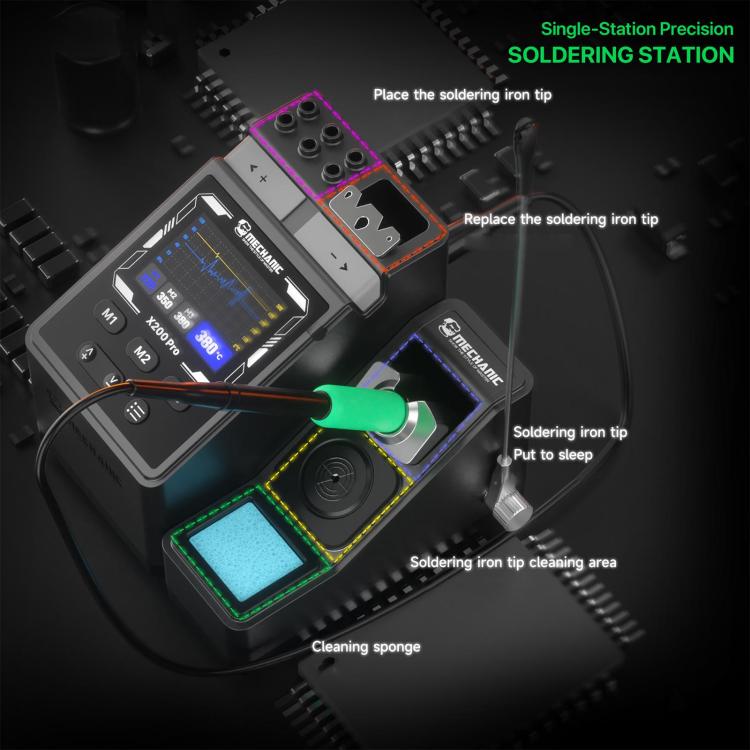 MECHANIC X200 Pro soldering station with tip cleaning area and green iron