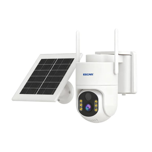 Wireless security camera with solar panel and white outdoor housing