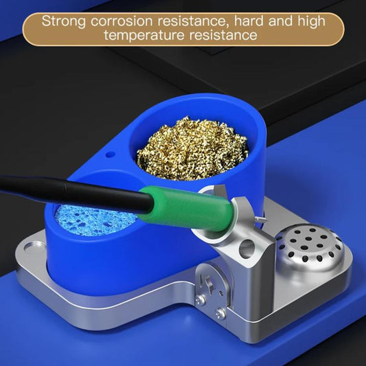 Blue and silver induction soldering base holding soldering iron with green handle
