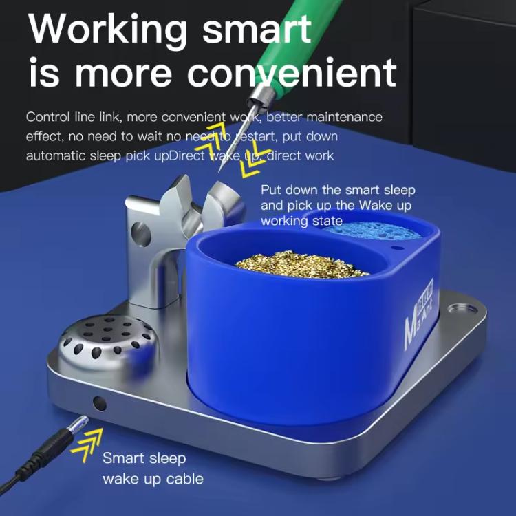 Blue soldering base with gold wire ball, blue sponge, and silver iron holder on tray