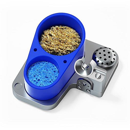 Blue metal soldering station base with gold wire ball and blue cleaning sponge