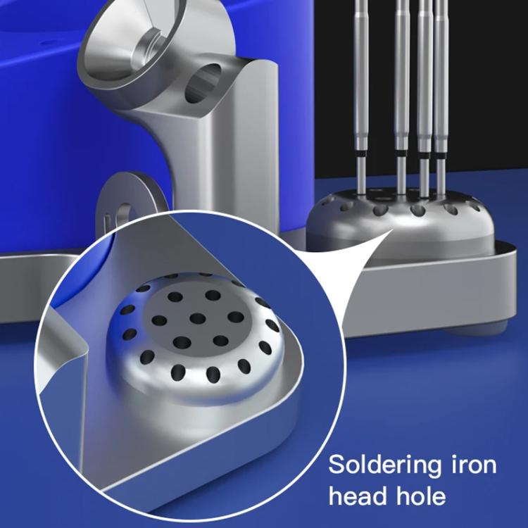 Round perforated soldering iron head plate on blue base with silver holder