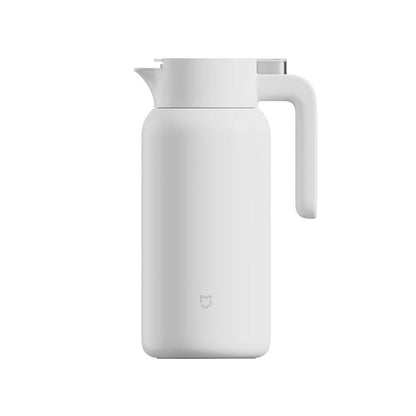 White insulated thermos flask with side handle and flip-top lid open
