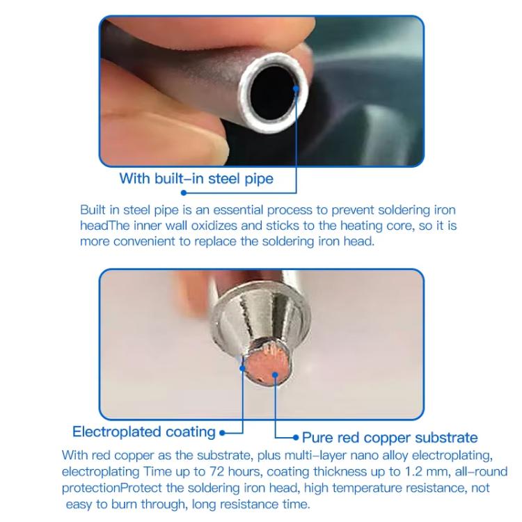 Lead-free soldering iron tip with built-in steel pipe and plated copper coating