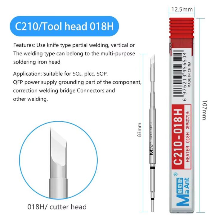 Copper integrated soldering iron tip with conical cutter head, shown with size callouts
