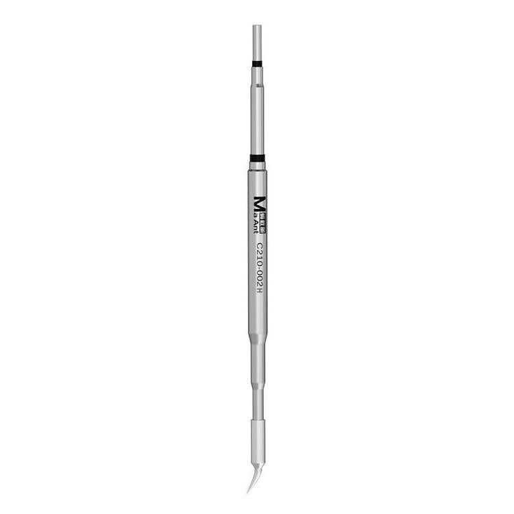 Copper soldering iron tip with long gray metal body and sharp conical point