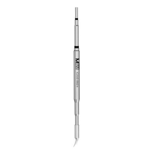 Copper soldering iron tip with long gray metal body and sharp conical point