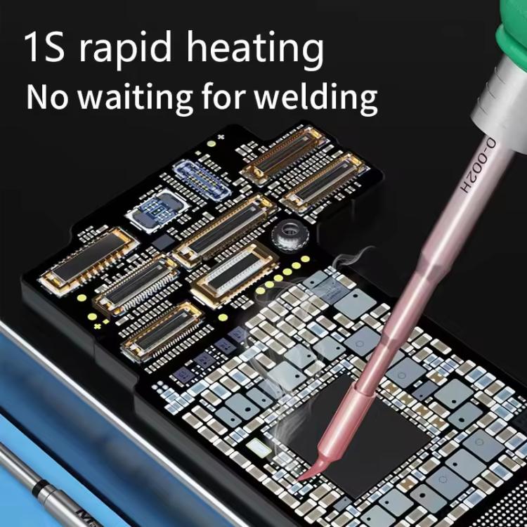 Soldering iron tip working on a circuit board, with a conical metal point