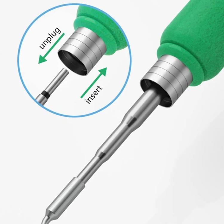 Soldering iron with green heat-resistant sleeve and conical metal soldering tip