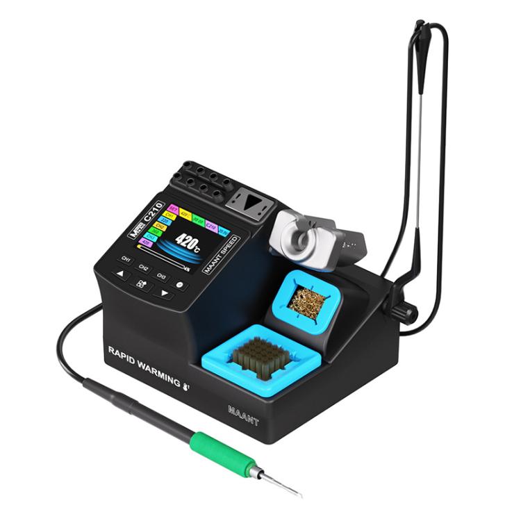 Digital welding station with control display, blue rest pads, black base, connected iron