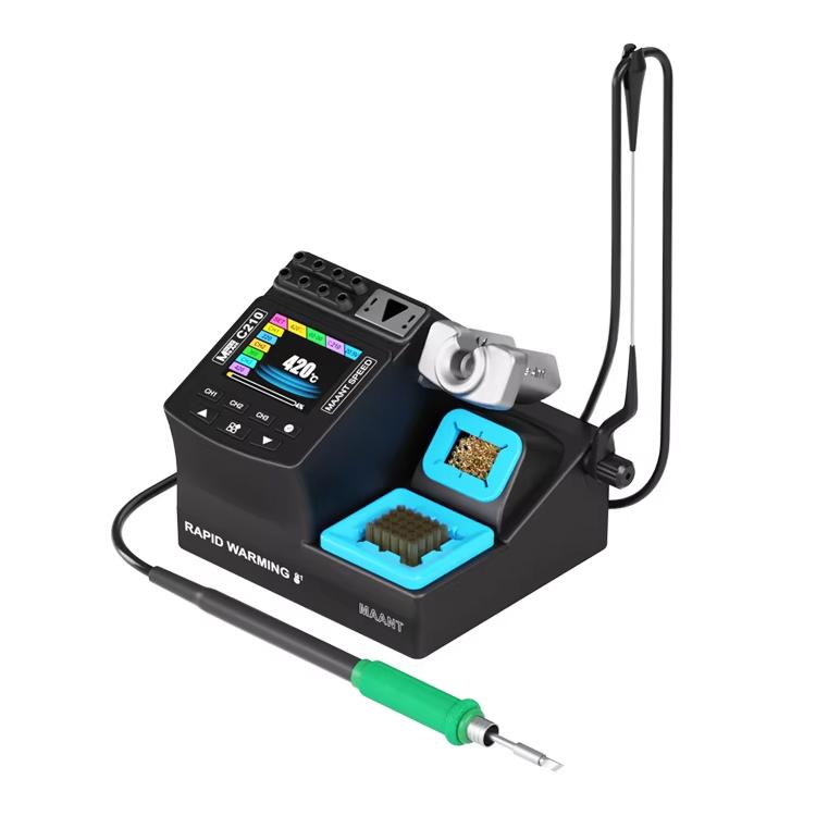 Digital welding station front view with screen, blue holders, black base, green soldering iron