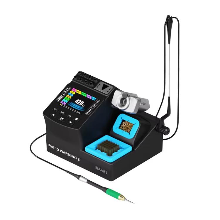 Digital welding station with control screen, blue pads, black body, green soldering iron cable