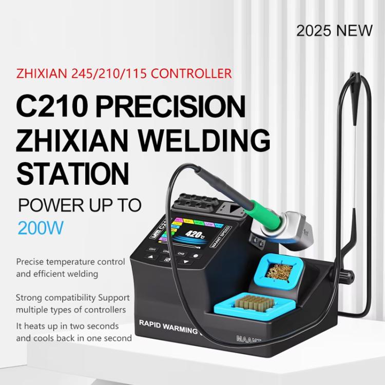 Digital welding station with screen controls, blue holders, black base, green-handled iron