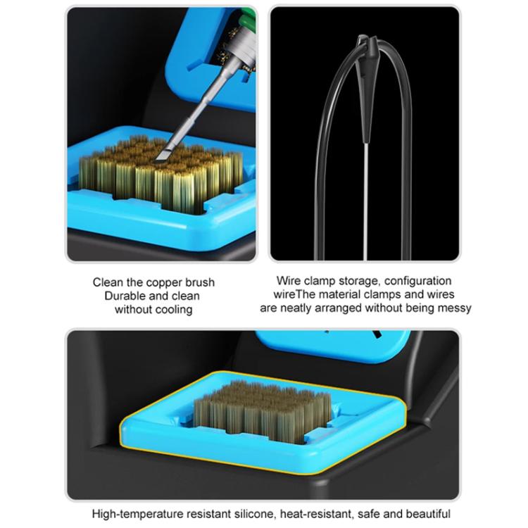 Soldering station cleaning brush and wire storage clips on blue heat tray