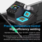 Black digital display soldering station with blue heat pad and included iron holder