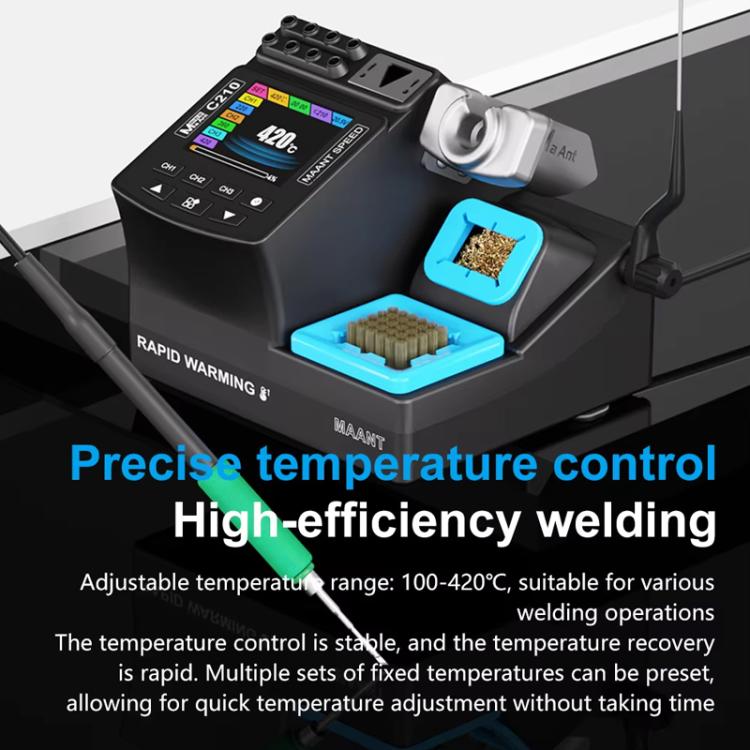 Black digital display soldering station with blue heat pad and included iron holder