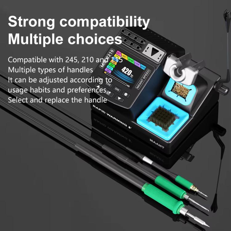 Digital soldering station base with control screen, blue rest tray, and two green tools
