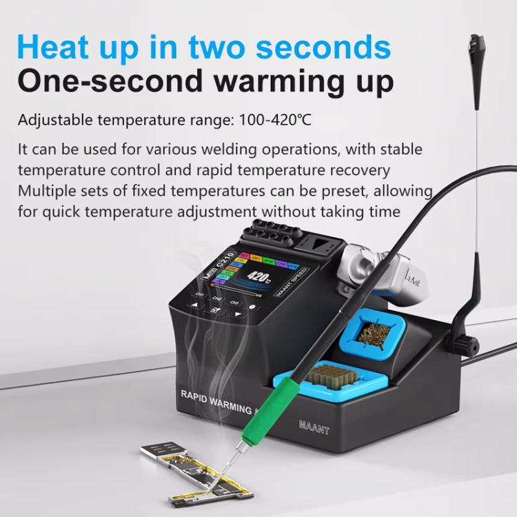 Digital display soldering station with blue heat tray and long soldering iron stand