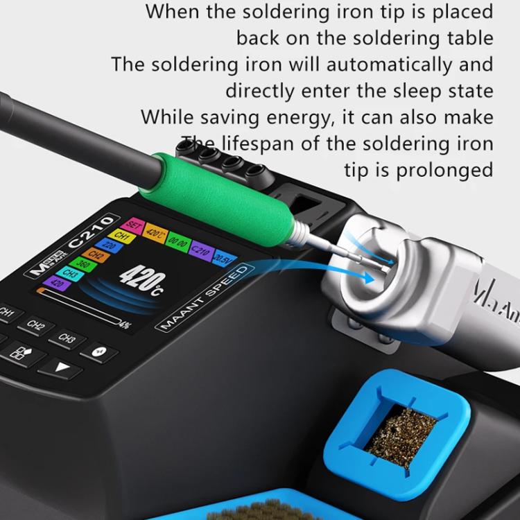 Soldering station tip inserting into holder on blue stand, showing control panel