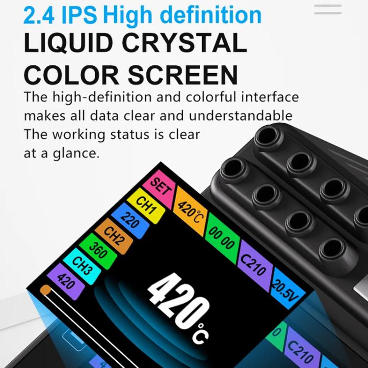 Close-up of soldering station color LCD screen with temperature and channel icons