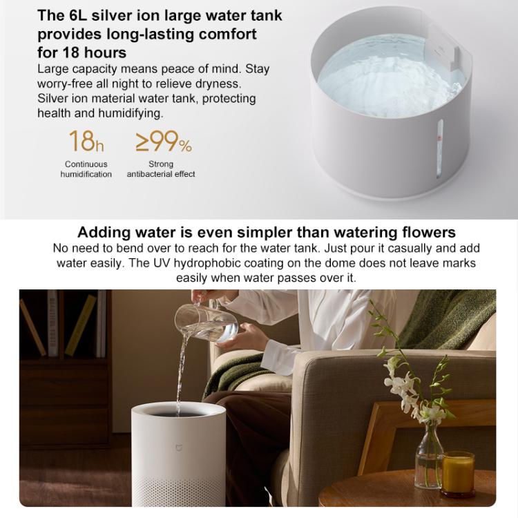 White no-mist humidifier with top dome opening and visible internal water surface