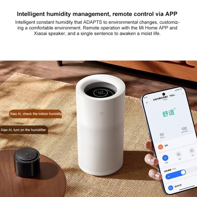 White no-mist humidifier with top ambient screen showing humidity reading