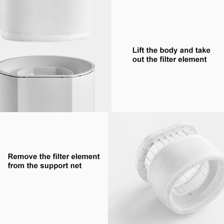 White humidifier filter element lifting from purifier base, cylindrical mesh